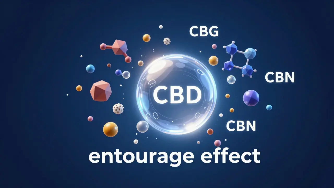 Abstraktní ilustrace entourage efektu cannabinoidů