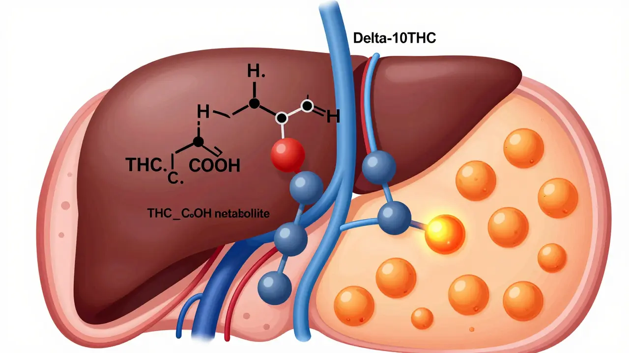 Ilustrace metabolismu Delta-10 na THC-COOH v játrech