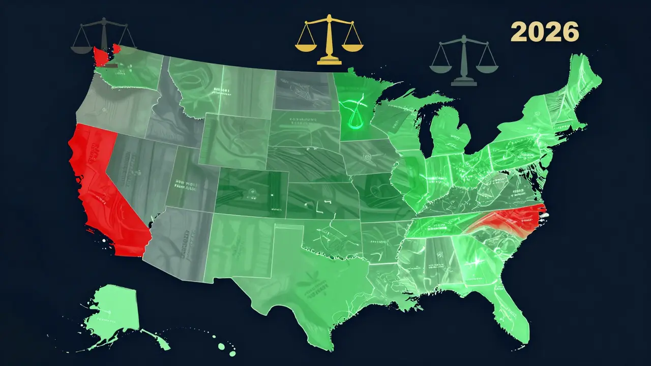 Mapa USA s barevnými zónami legálnosti HHC