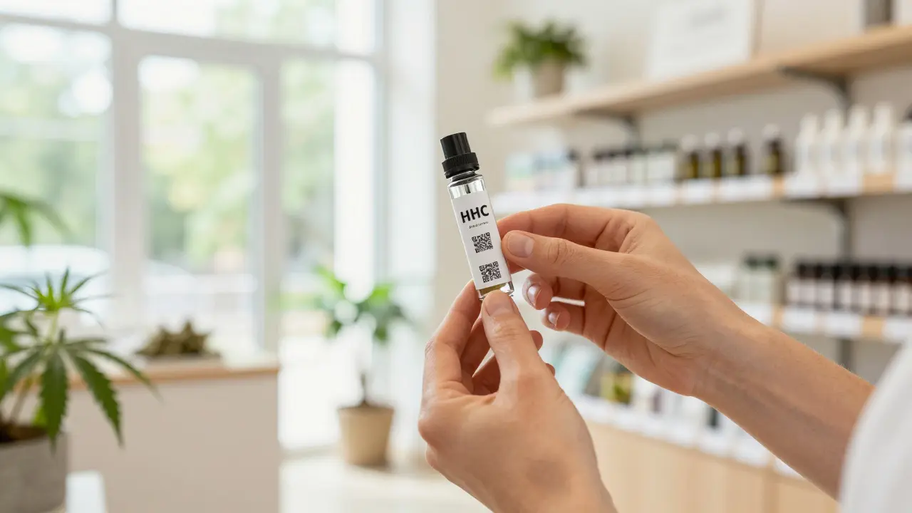Ruce kontrolují kvalitu HHC vapes v prosvětleném obchodě