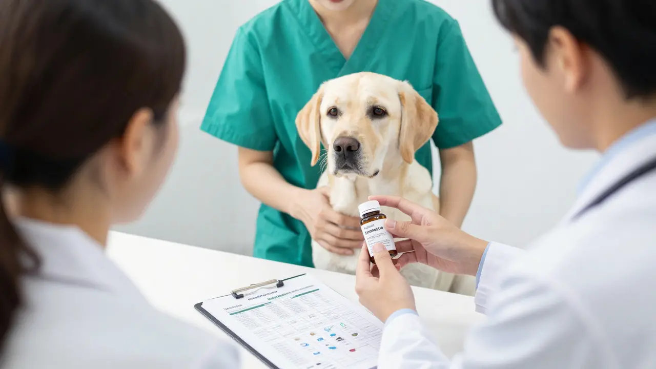 Veterinář vysvětluje dávkování doplňků majiteli psa
