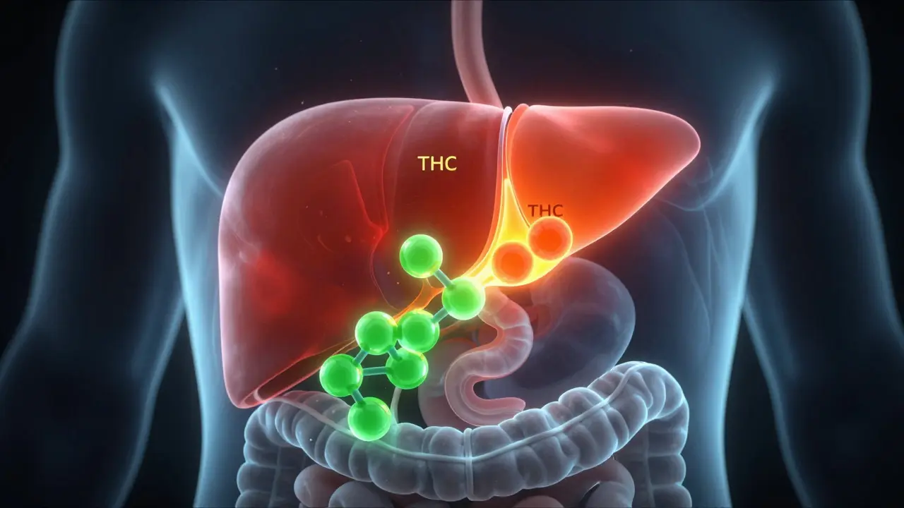 Abstraktní zobrazení metabolizace THC v játrech