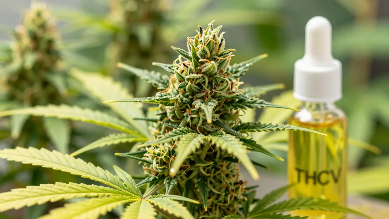 Čerstvé květy konopí odrůdy Durban Poison a lahvička s extraktem THCV
