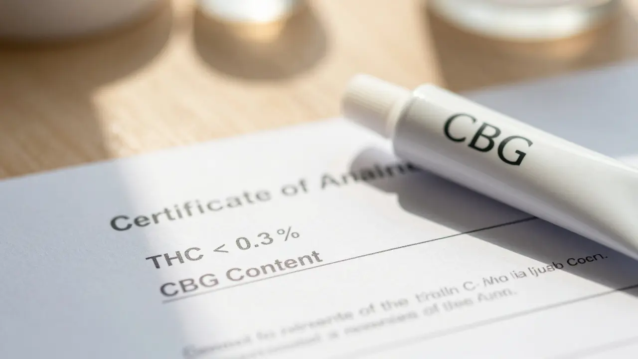 Certifikát analýzy vedle tuby s krémem s důrazem na nízký obsah THC