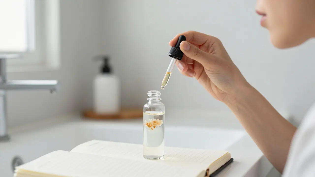 Člověk aplikuje CBD pod jazyk v klidném prostředí s deníkem