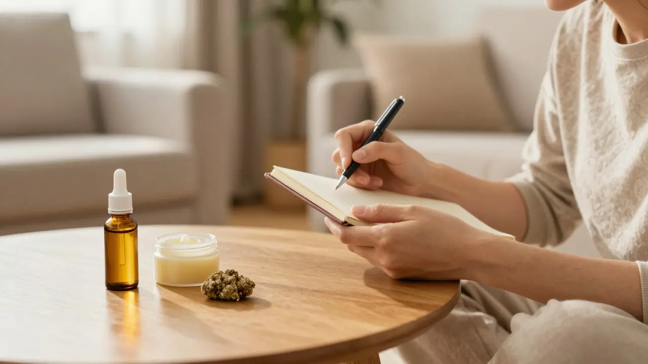 Člověk v klidné místnosti zapisuje do deníku vedle různých produktů s CBD