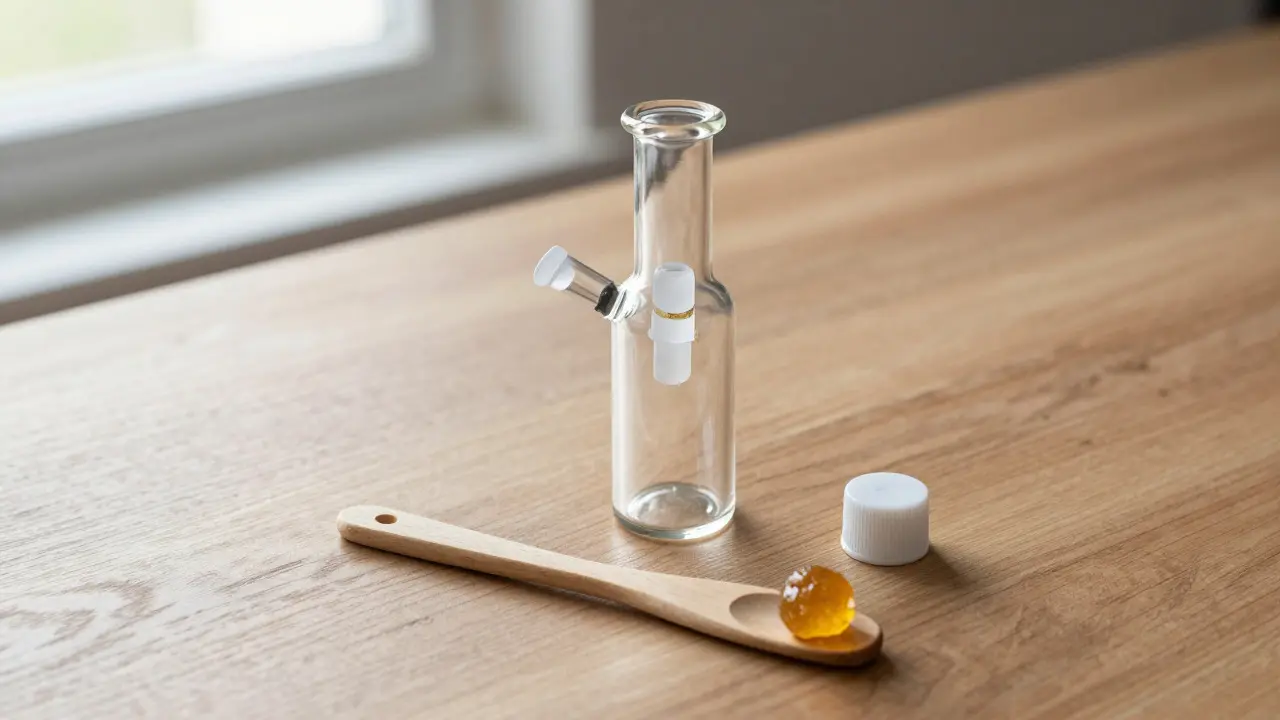 Dab rig s quartz nástavcem a malým kouskem CBD shatteru na dřevěném stole
