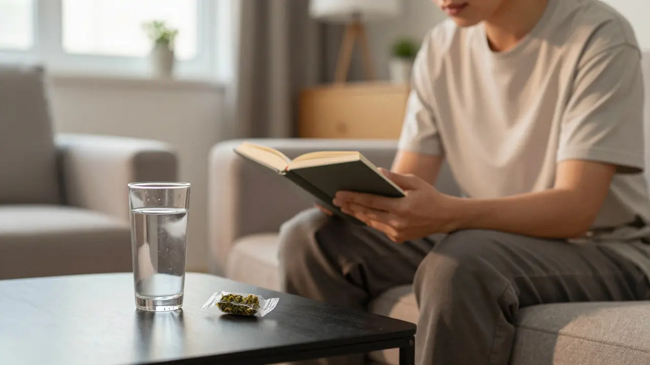 Klidná scéna užívání edibles doma s důrazem na trpělivost