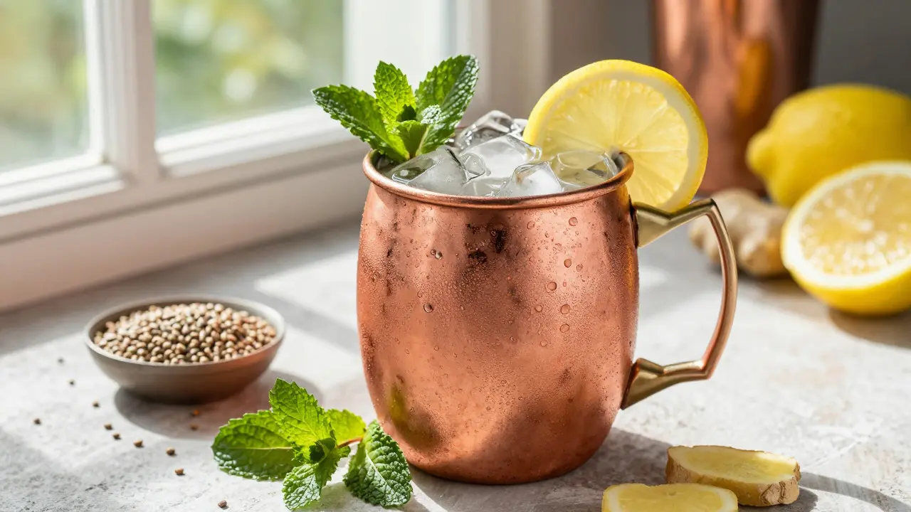 Koktejl Hemp Moscow Mule s mátou a citronem v měděném hrnečku