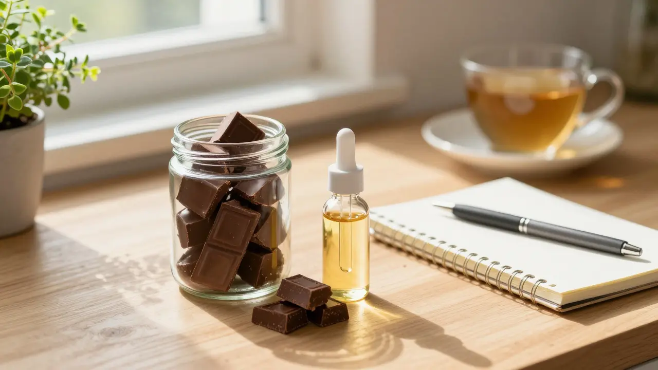 Konopné edibles a olej na stole s deníkem pro sledování účinků
