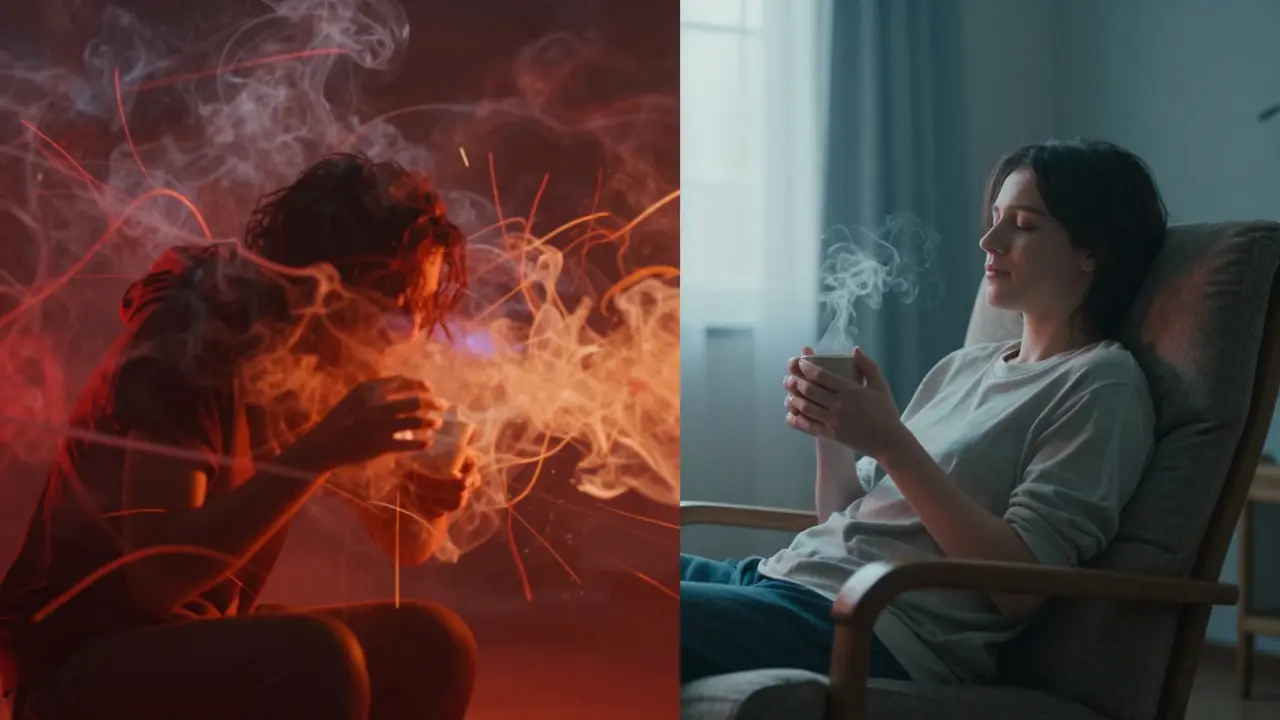 Kontrastní scény intenzivního opojení a klidné relaxace kanabinoidů
