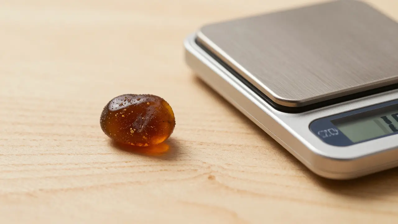 Kousek CBD hash velikosti hrášku na dřevěném povrchu vedle přesné váhy