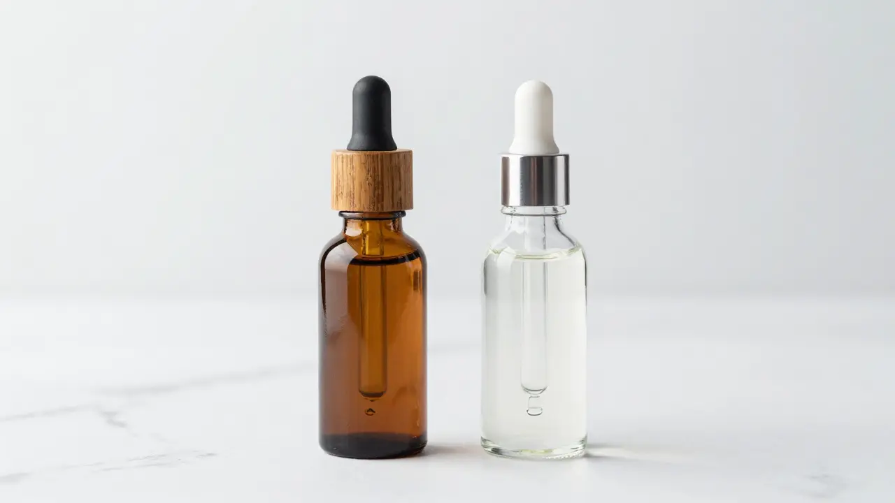 Porovnání lahviček s tmavým raw CBD olejem a čirým čistým izolátem