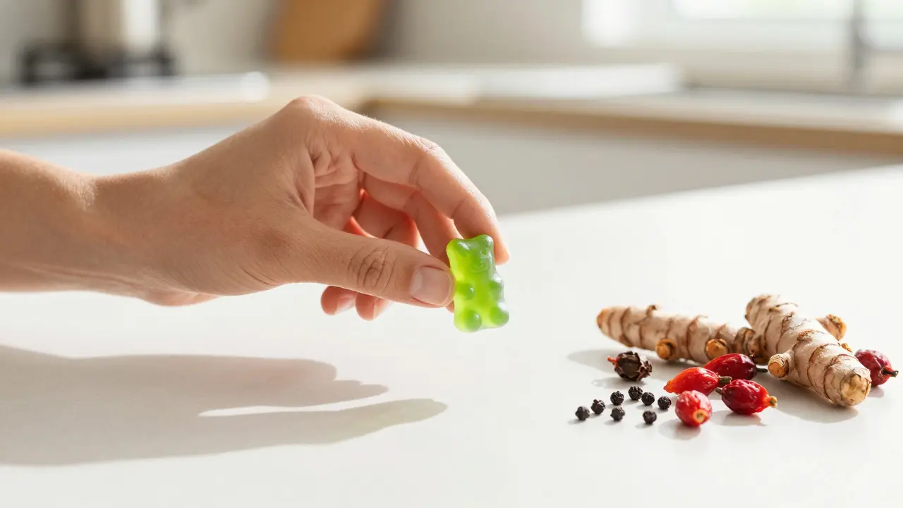 Ruka držící zelené CBD gummy vedle kurkumy a šípku