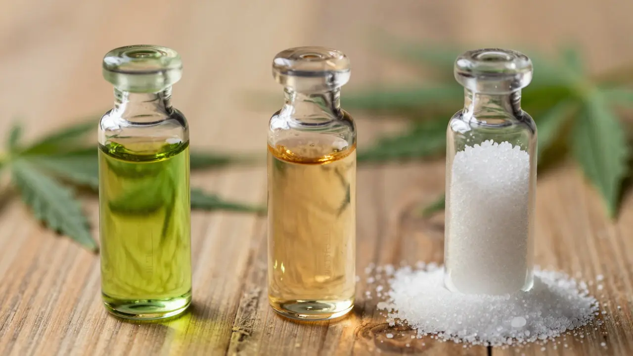 Skleněné baňky s různými typy CBD extraktů na dřevěném povrchu