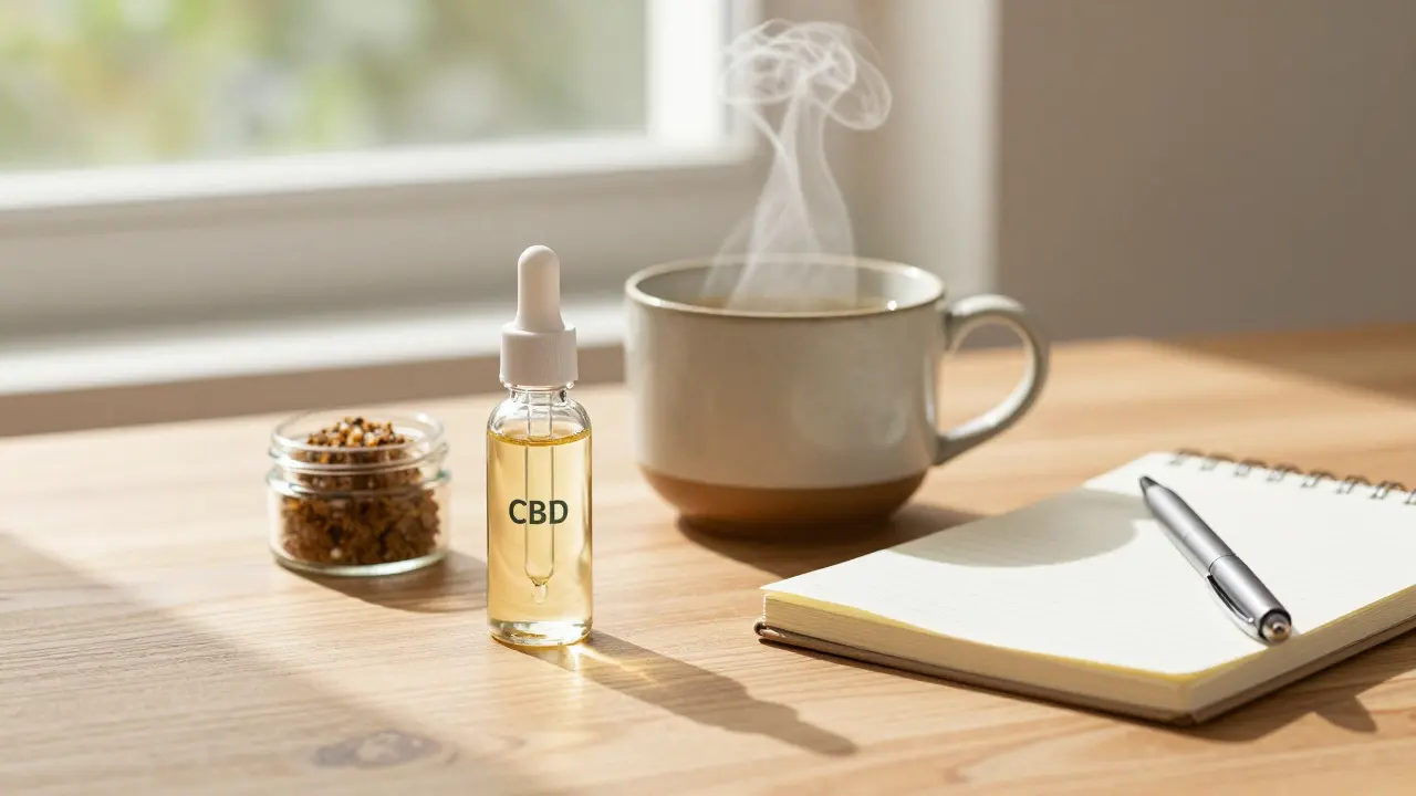 Stůl s CBD olejem, hrnkem čaje a křupem v klidném prostředí