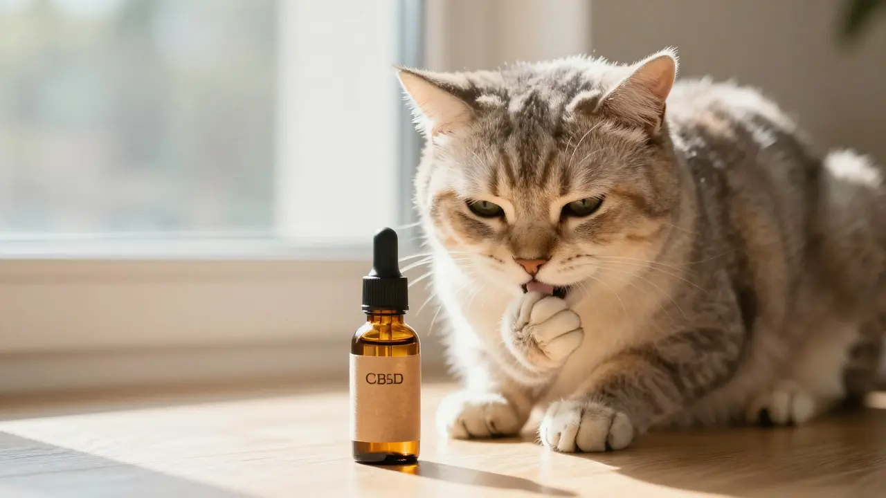 Uvolněná kočka sedící vedle lahvičky CBD oleje pro domácí mazlíčky.