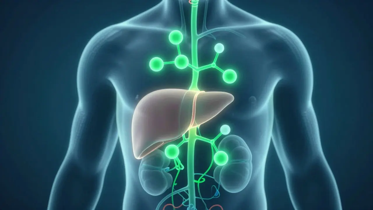 Abstraktní ilustrace metabolismu CBD v játrech a ledvinách