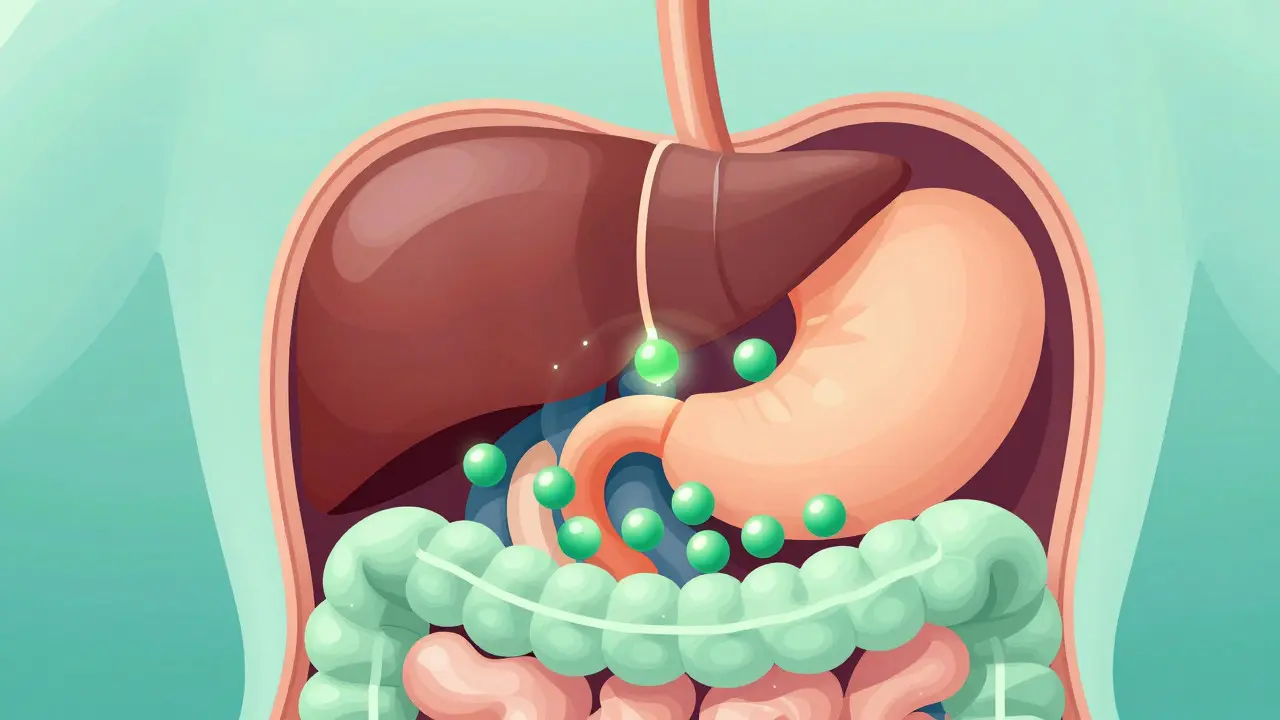Abstraktní ilustrace trávicího systému ukazující metabolismus CBD v játrech
