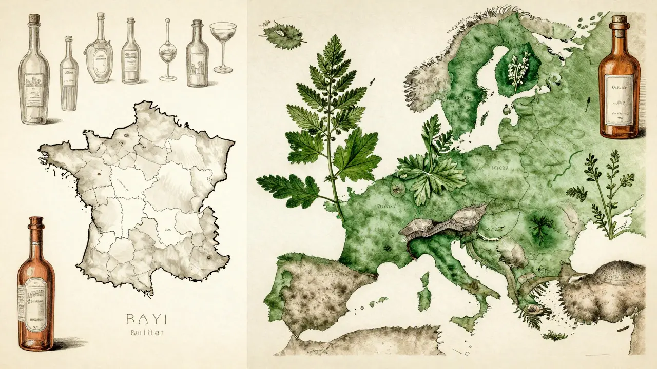 Botanická ilustrace mapy Francie a střední Evropy s listem pelyňku