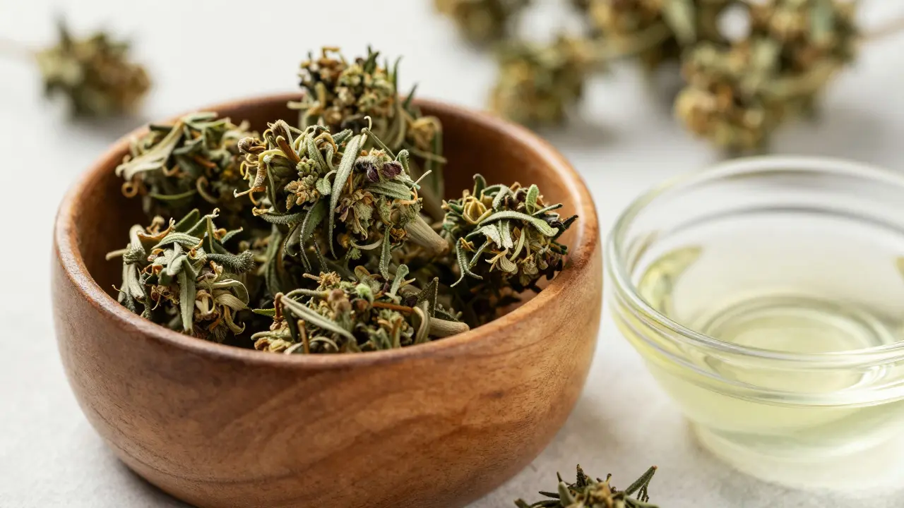 CBD květiny v dřevěné misce vedle kokosového oleje pro extrakci