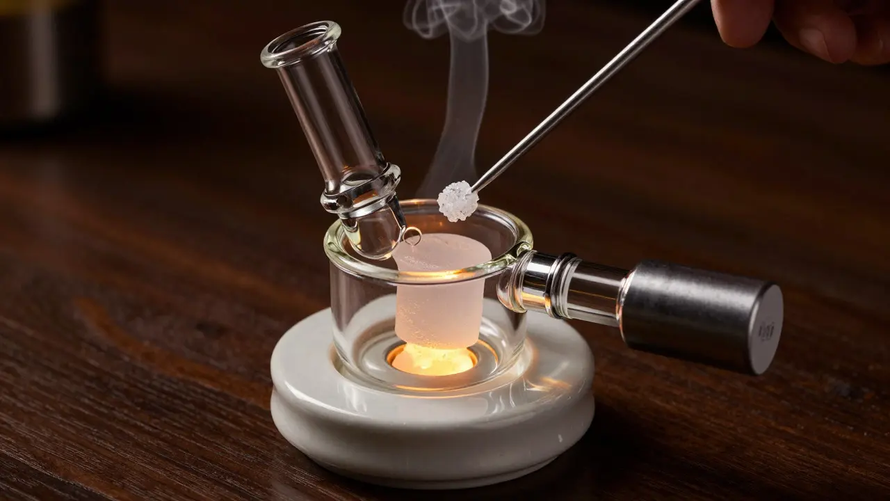 Elektronický dab rig s nástrojem drženým nad horkou plochou a stoupající parou