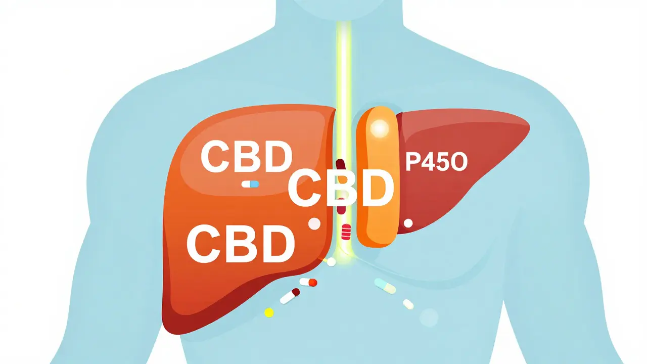 Ilustrace jater, kde molekuly CBD blokují enzymatické dráhy pro léky