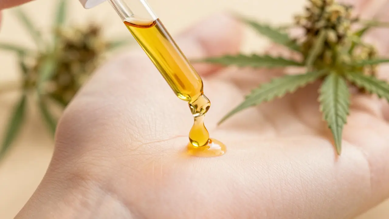 Makro záběr kapky CBD oleje padající na kůži s jemným pozadím z konopných listů