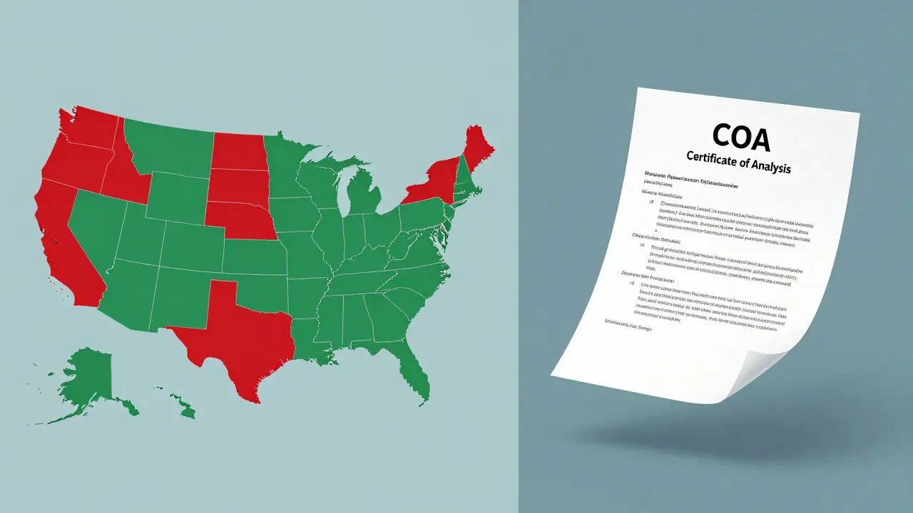 Mapa USA a certifikát analýzy pro legální přepravu