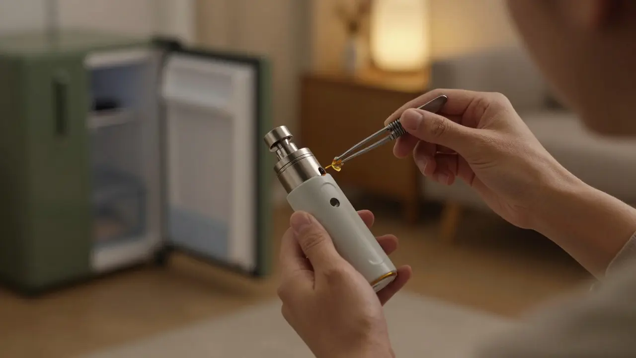 Osoba připravuje portátní vaporizér s malým množstvím CBD shatteru doma