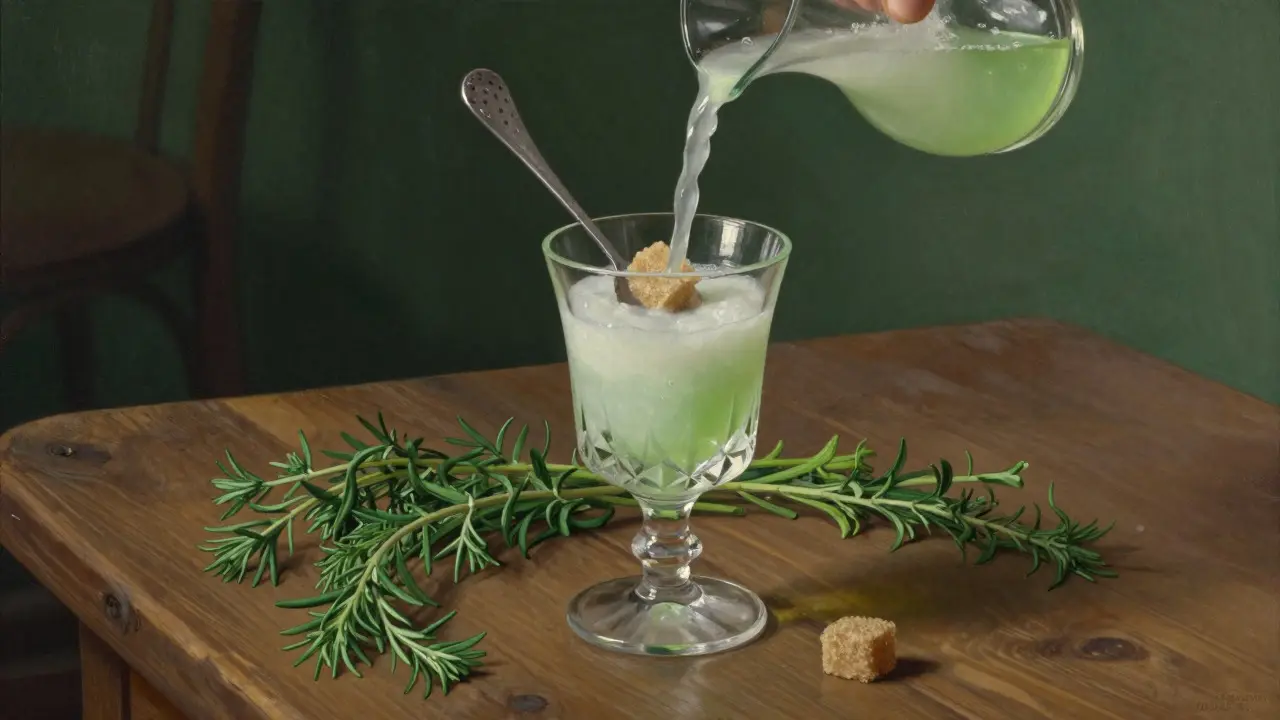 Příprava absintu s cukrem a vodou, která mění barvu nápoje