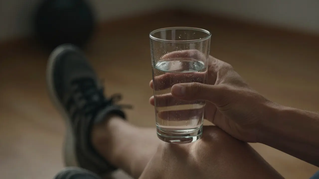Ruka drží sklenici vody jako symbol hydratace a detoxikace