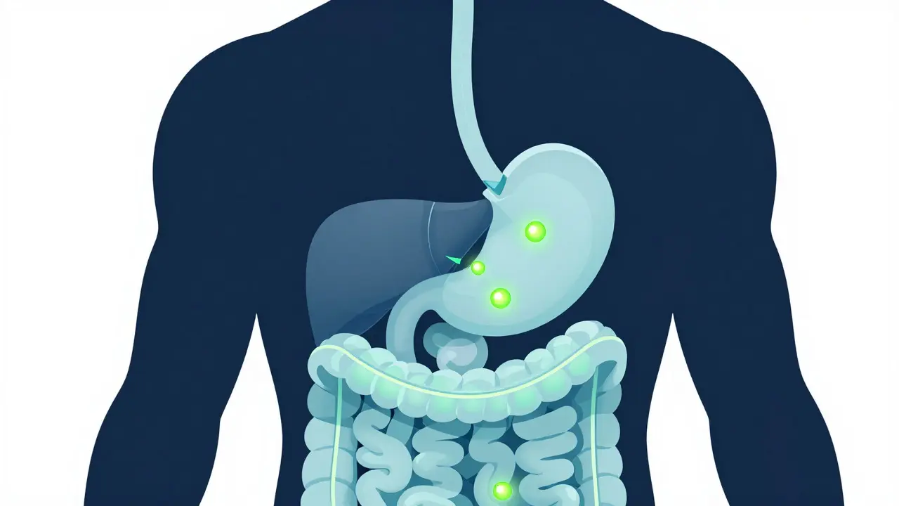 Schéma trávicího traktu a metabolismu CBD v játrech