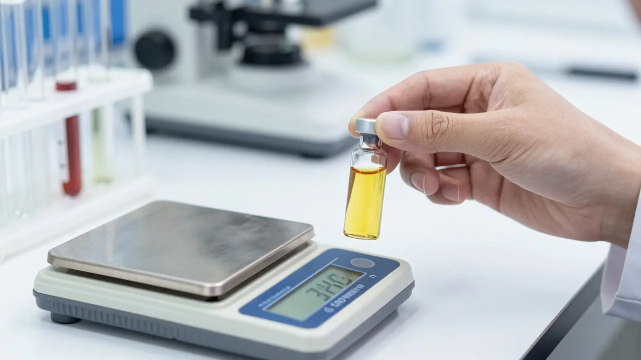 Scientist hands testing golden oil in a laboratory setting