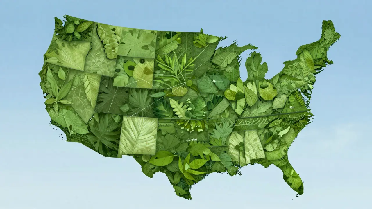 Stylized map of the USA made of green leaves illustrating state regulations