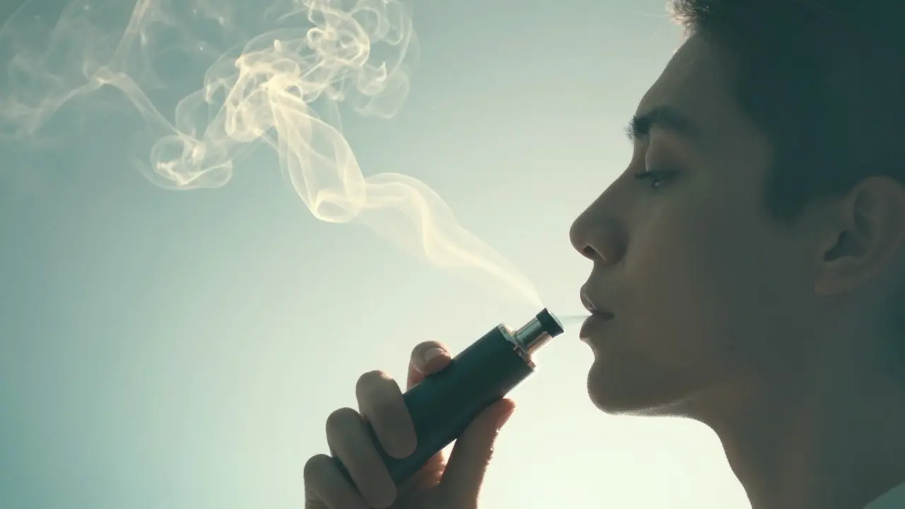 Stylizovaný profil osoby inhálující z vaporizéru s abstraktními oblaky páry