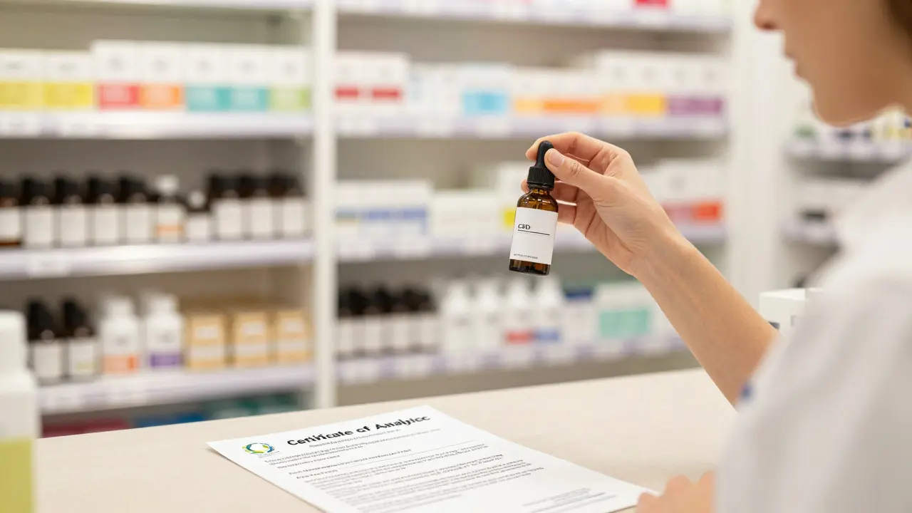 Zákupník zkoumá lahvičku CBD oleje v moderní lékárně