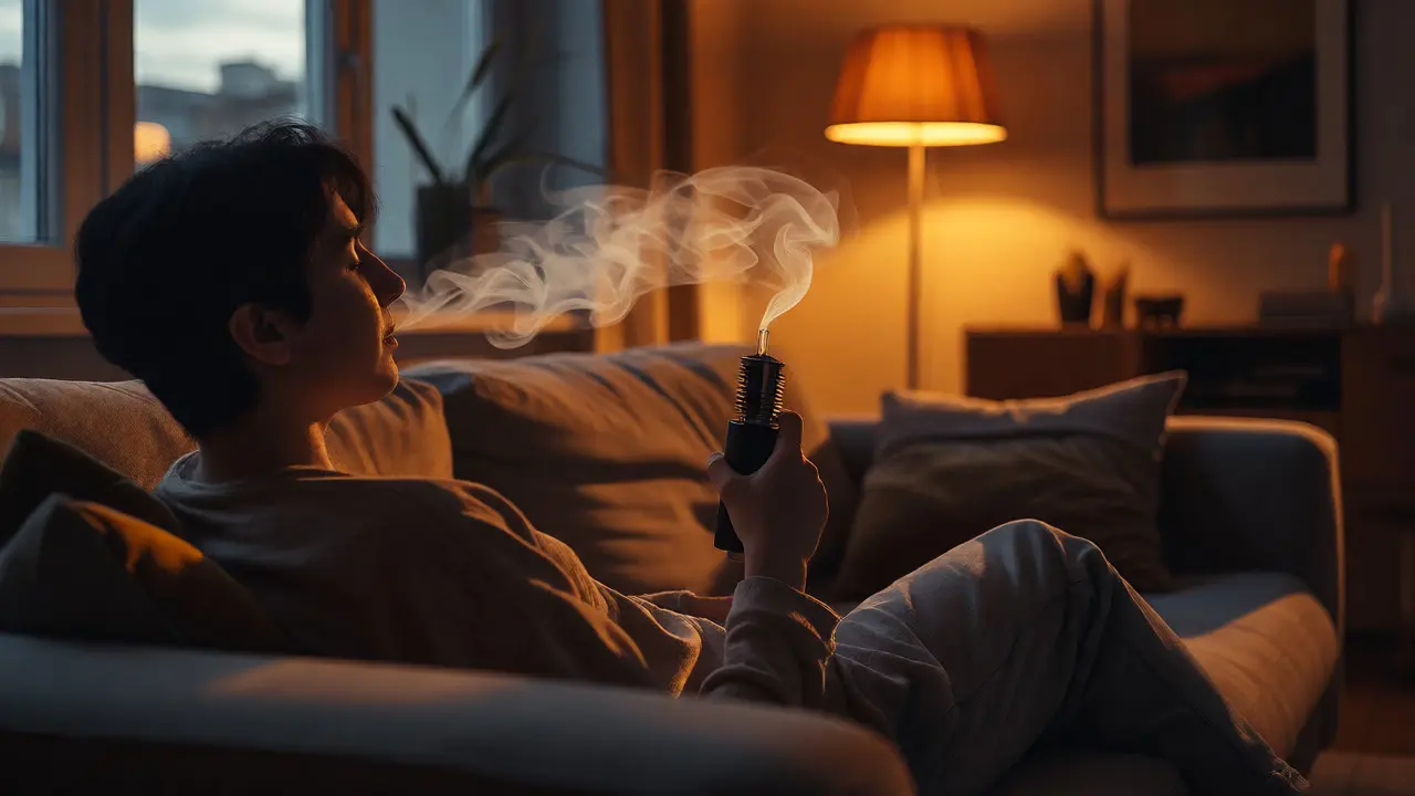 Člověk relaxující na gauči s vaporizérem v teplém večerním osvětlení