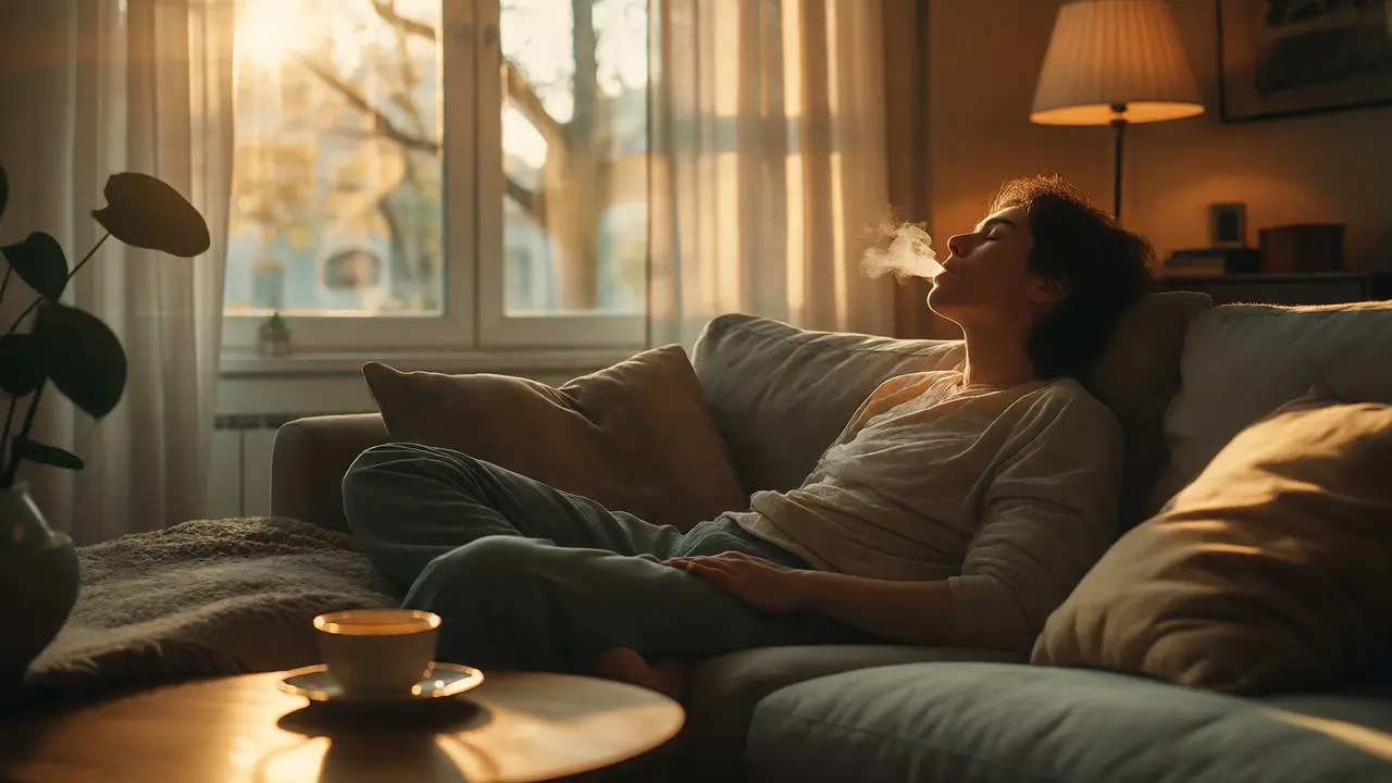 Člověk relaxující na gauči s žvýkačkou ve slunečním světle