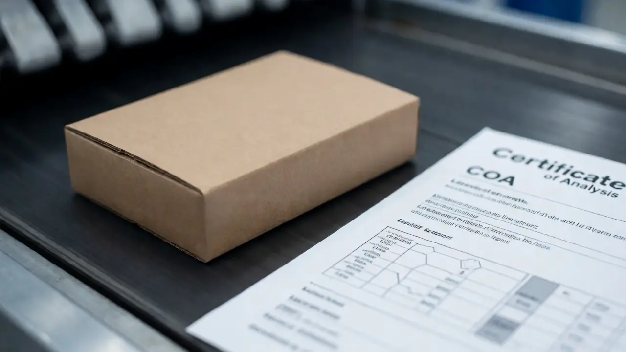 Diskrétní balík CBD na poštovní lince vedle certifikátu analýzy