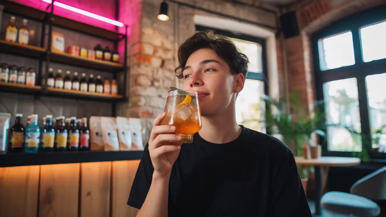 Osoba pije botanický mocktail v moderním wellness baru