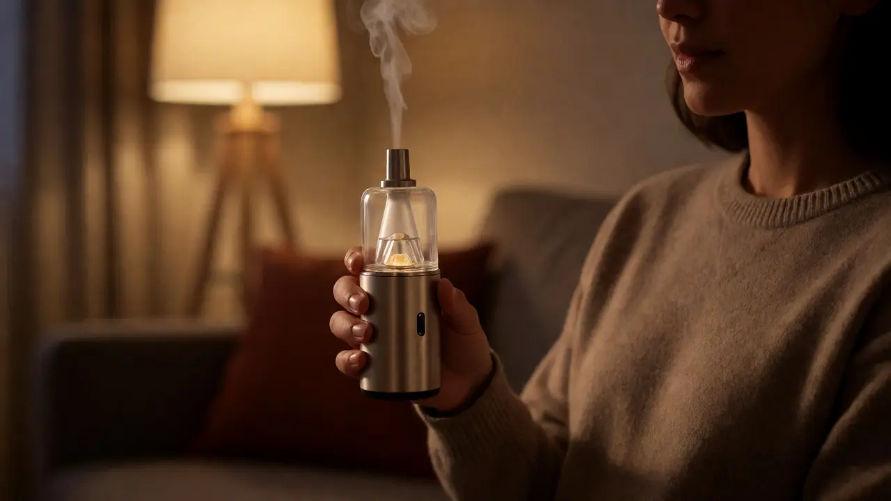Osoba používá elektronický dab rig k vapingu CBD shatteru v klidném prostředí