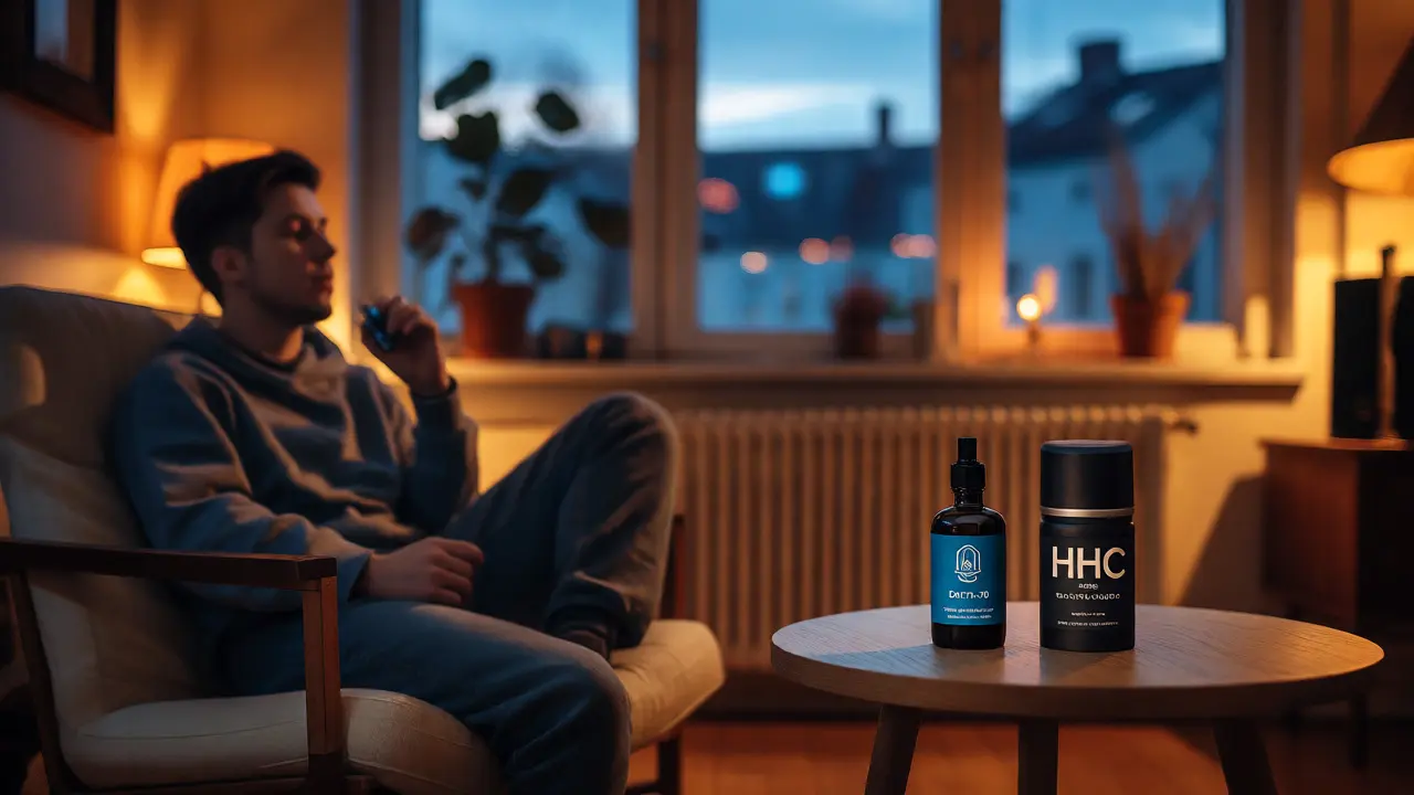Osoba v obýváku zvažuje volbu mezi produkty Delta-10 a HHC při večerním osvětlení.