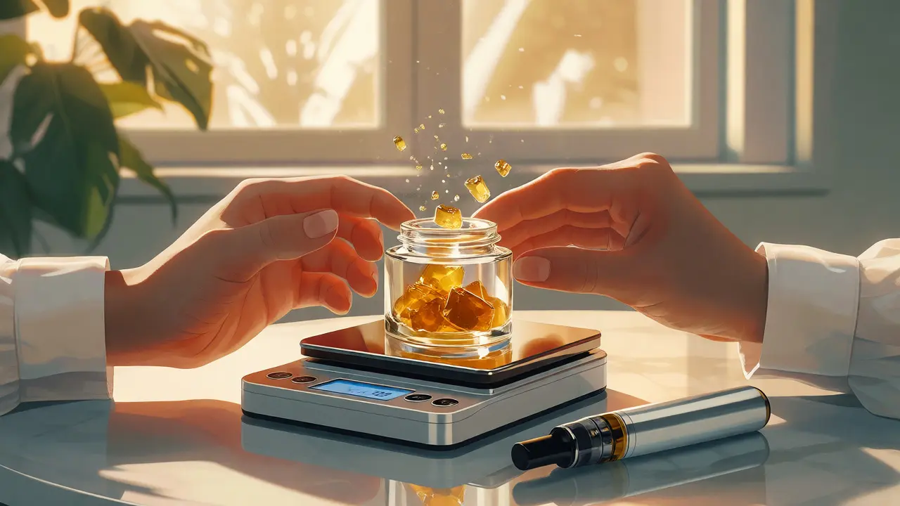Přesné vážení CBD shatteru na digitálních vahách