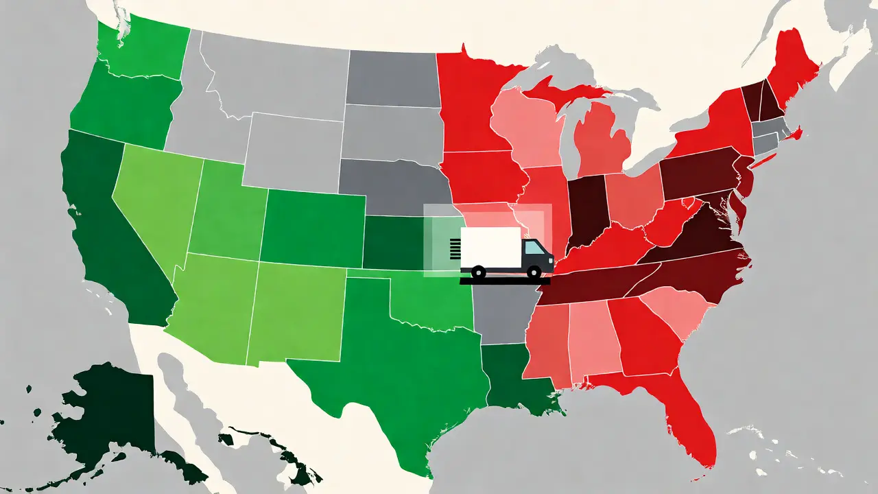Stylová mapa USA znázorňující státy s různými omezeními pro CBD