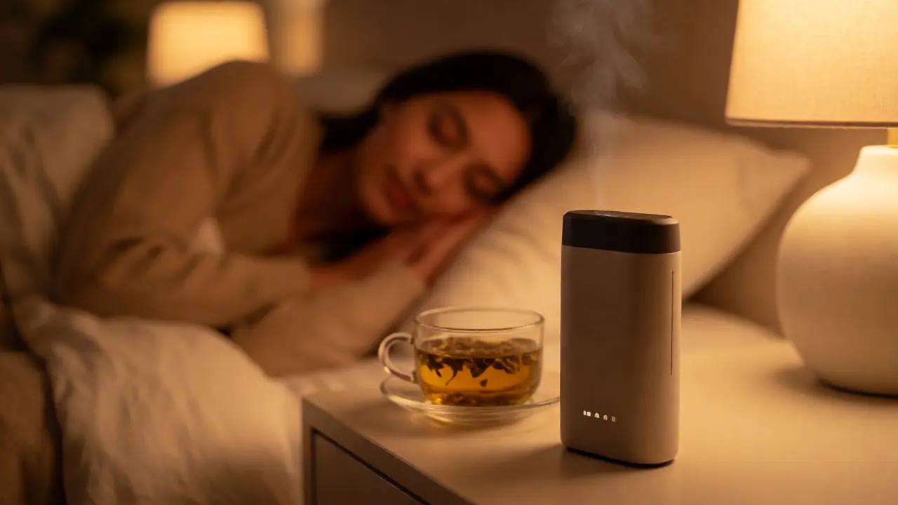 Vaporizér na nočním stolku vedle osoby usínající v posteli