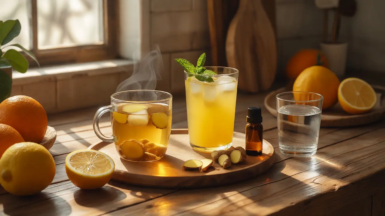 Zázvorový čaj, citronáda a CBD olej na dřevěném stole.