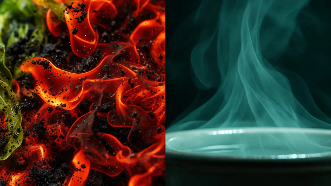 Abstraktní vizualizace spalování versus čistého vapování