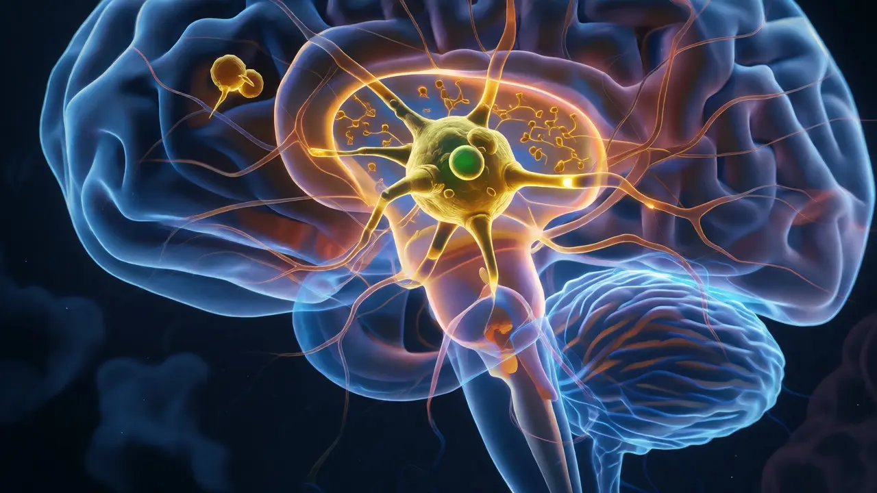 Ilustrace molekuly CBG interagující s neurony v hipokampu, znázorňující neuroprotekci.