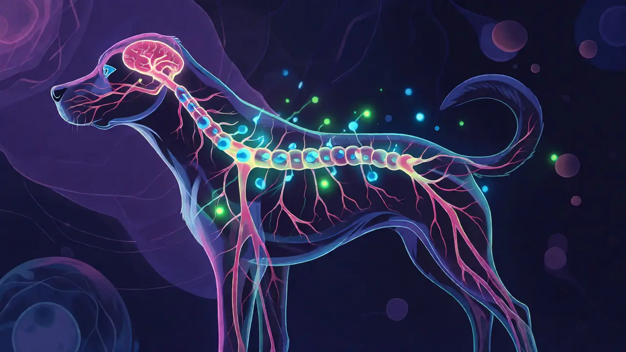 Konceptuální ilustrace psího endokanabinoidního systému s interagujícími molekulami CBD.